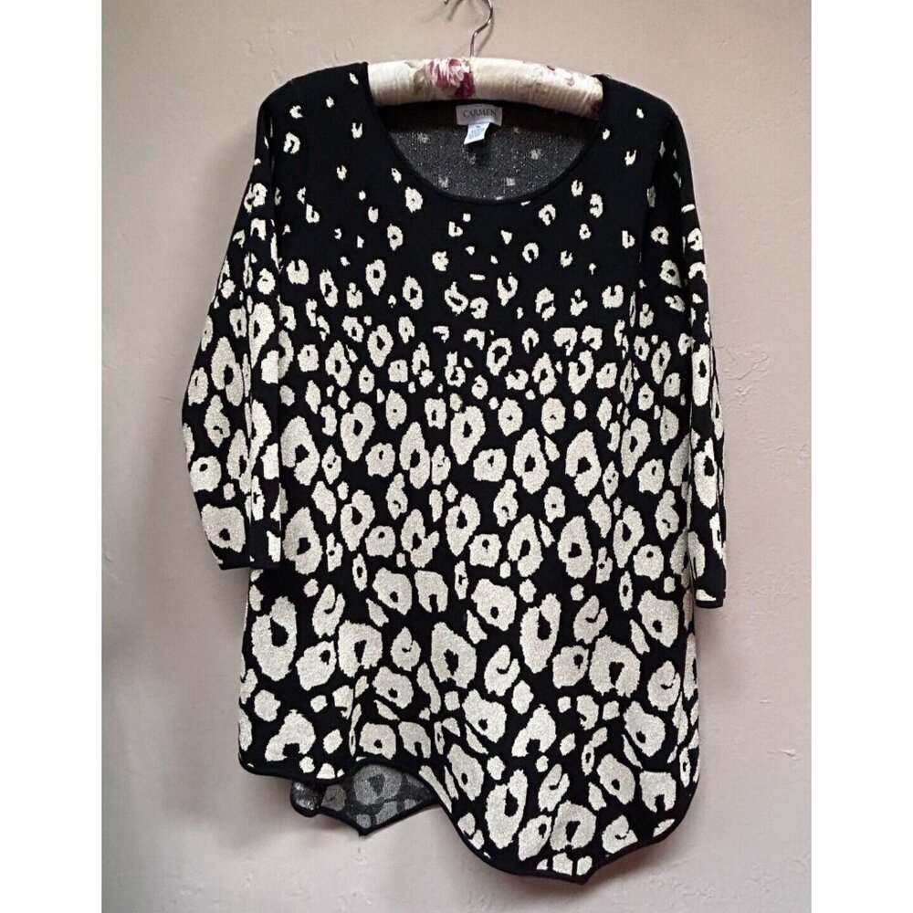 Carmen Marc Valvo Leopard Cheetah Print Metallic Sweater XL Black Gold Pullover